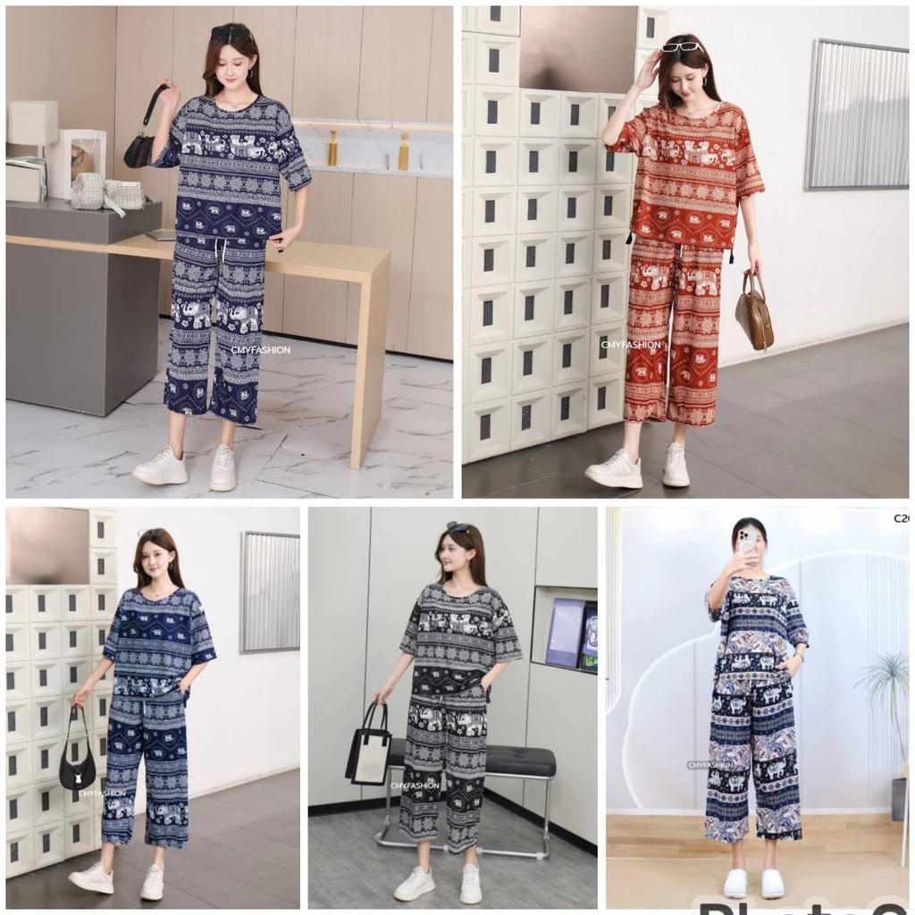 Słoń Spodnie Szorty Koszula Zestaw Okrągły Dekolt Krótki Rękaw Regulowany Elastyczny Pasek Pasek Kobiety Nadruk Casual Plaża Boho Bohemski Retro Vintage