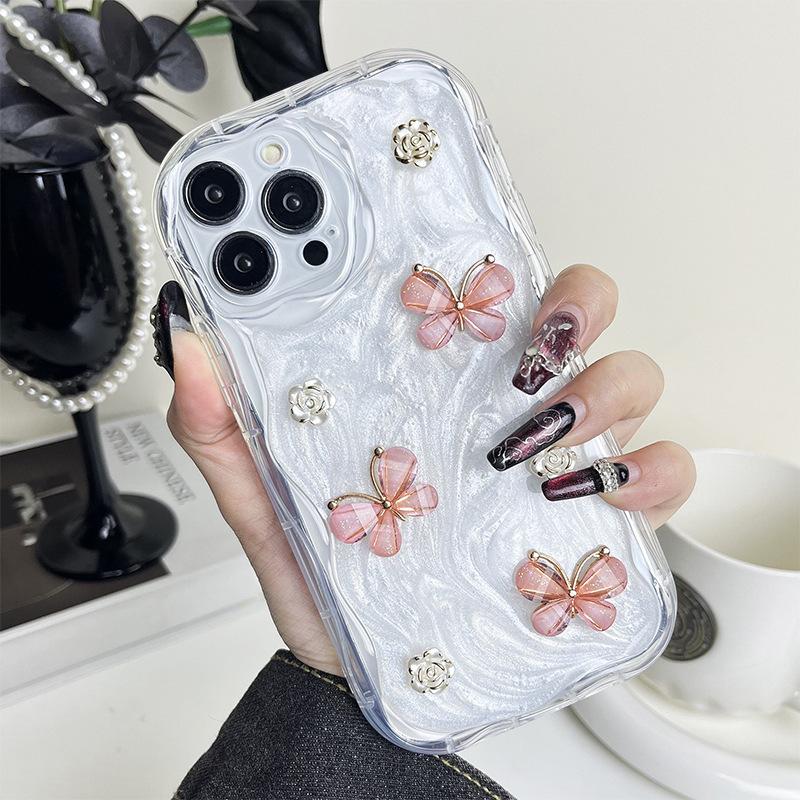For IPhone16Promax Mobile Phone Case Fine Hole Glue for Apple 17 Flower Butterfly 14 All-inclusive Anti-fall Women's Model