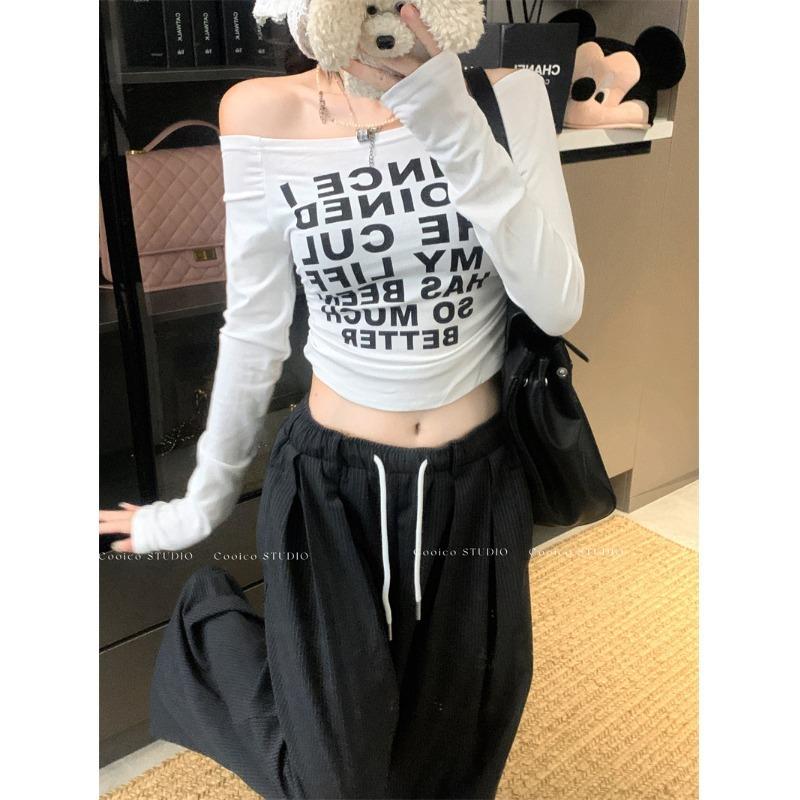 MR [Tmall Quality] Spice Girl Style Shoulder Letter Printed T-Shirt Women's Early Autumn Slim and Skinny Short Top