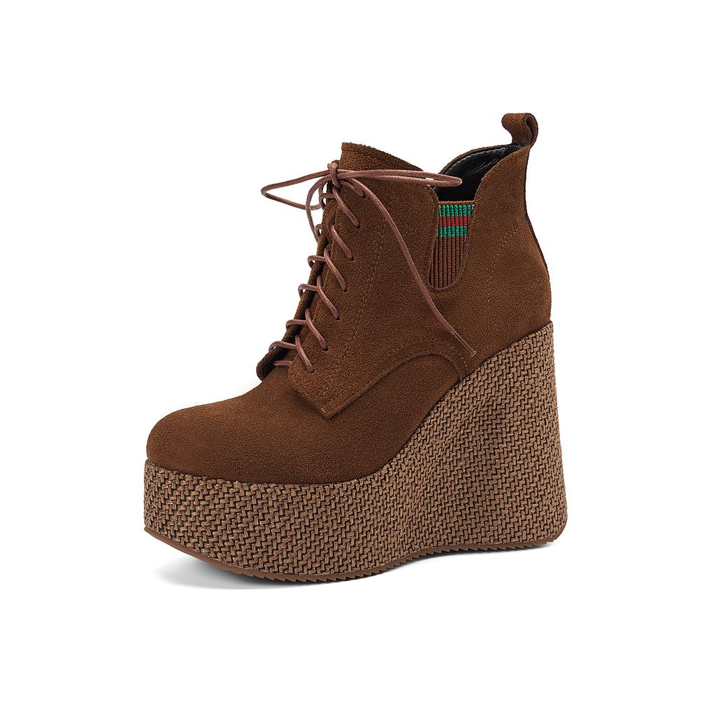 Leather wedged Martin boots women's 2025 autumn and winter new leather platform short boots retro not tired feet super high heel boots