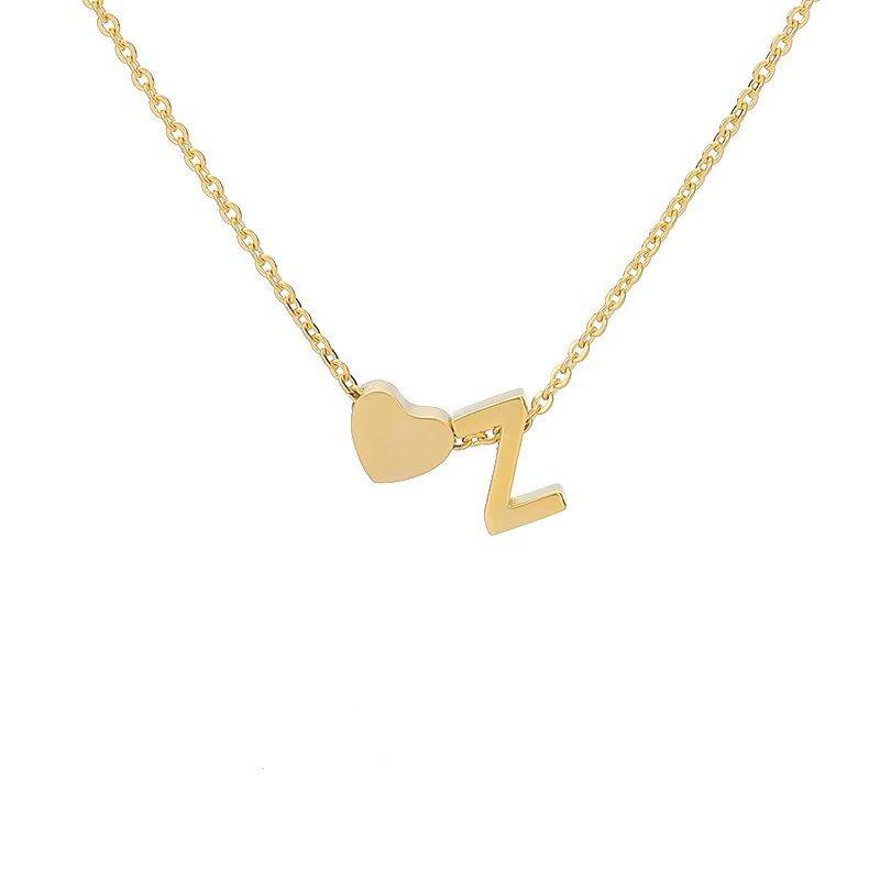 Stainless Steel Gold Heart & Alphabet Bead Necklace A-Z