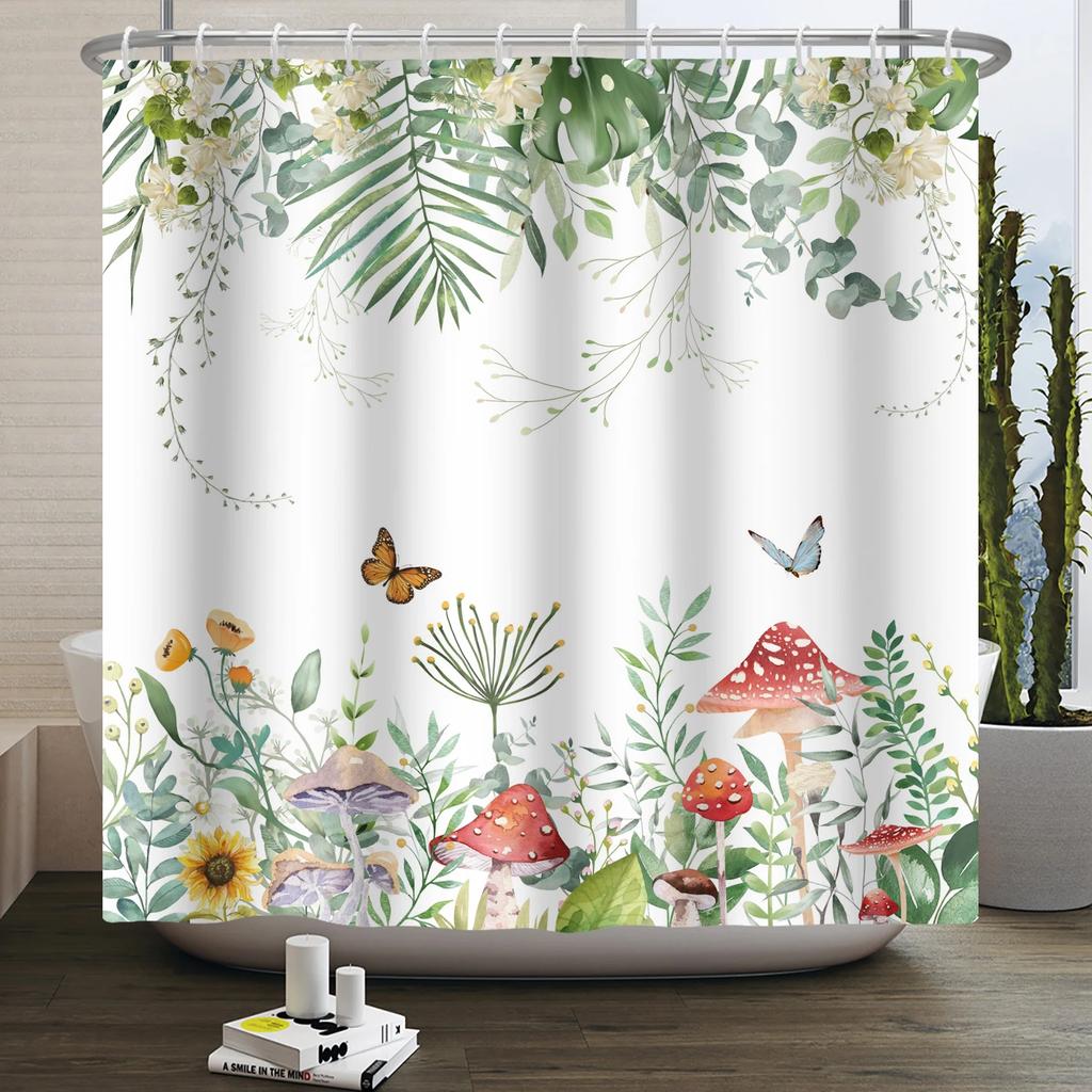 Floral Duschvorhang für Badezimmer Vintage Blume Schmetterling Wasserdichter Stoff Boho Badewanne Badezimmervorhang Mit Haken 180x240