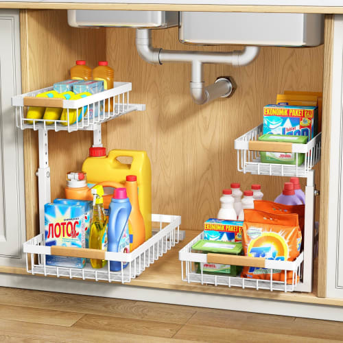 HASONA Under-Sink Storage, Sliding Kitchen Storage, Set of 2, L-Shaped, 2-Tier Drawer, Under-Sink Storage Rack, Condiment Storage, Metal, Adjustable H