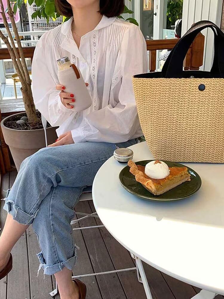 [Uroi] Women's Straw Basket Bag, Handbag, Spring, Summer, Autumn, with Lining, No Drawstring Bag, Lightweight, Woven Bag, Summer Bag, Perfect for