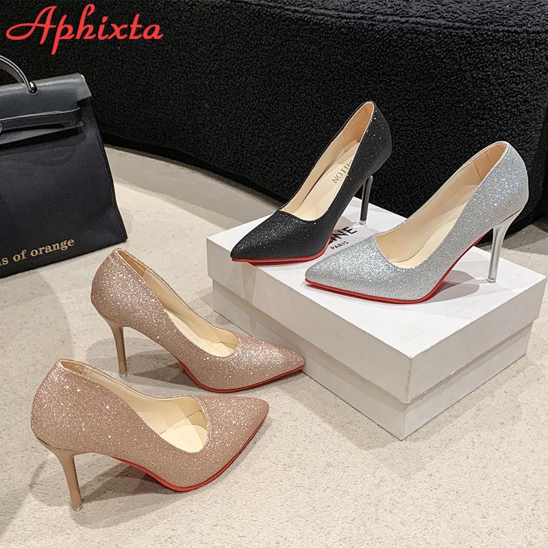 Aphixta Bling 10cm Thin Heels Pointed Toe Pumps Women Sequined Leather Shoes Dress Casual Wedding Party Super Plus Size 50