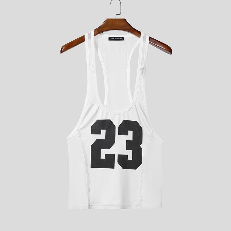 INCERUN Summer Men Sleeveless Strap Letter Print Mesh Sheer Sport Tank Tops Vest 2XL