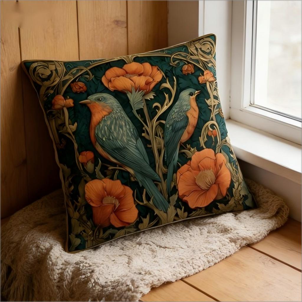 William Morris Inspired Robin Bird Pillow Cover Vintage Art Nouveau Floral Print Cushion Case For Sofa Couch Boho Home Decor