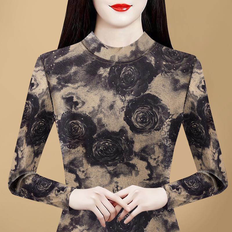 Winter New Korean Version Slim-fit Long-sleeved T-shirt Top Large-size Printed Fleece Thickened Pullover Bottoming Shirt