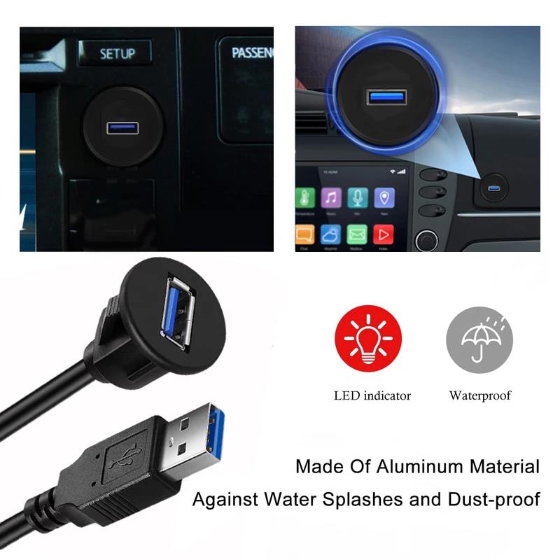 NEW USB 3.0 2.0 Port Male To Female Waterproof Flush Panel Mount Extension Cable with Buckle for Car Truck Boat Motorcycle 1M