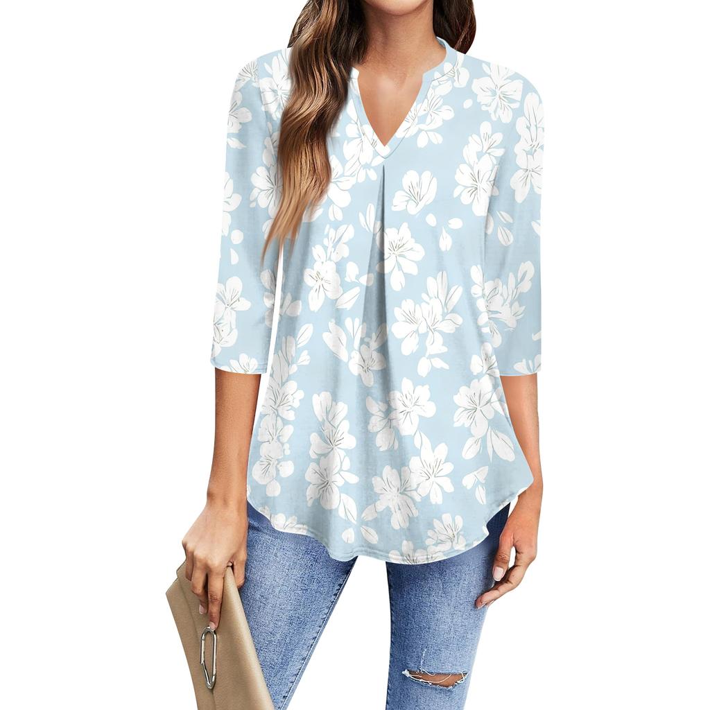 Women's Fashion Casual Three-Quarter Sleeve T-Shirt Printed V-Neck Top