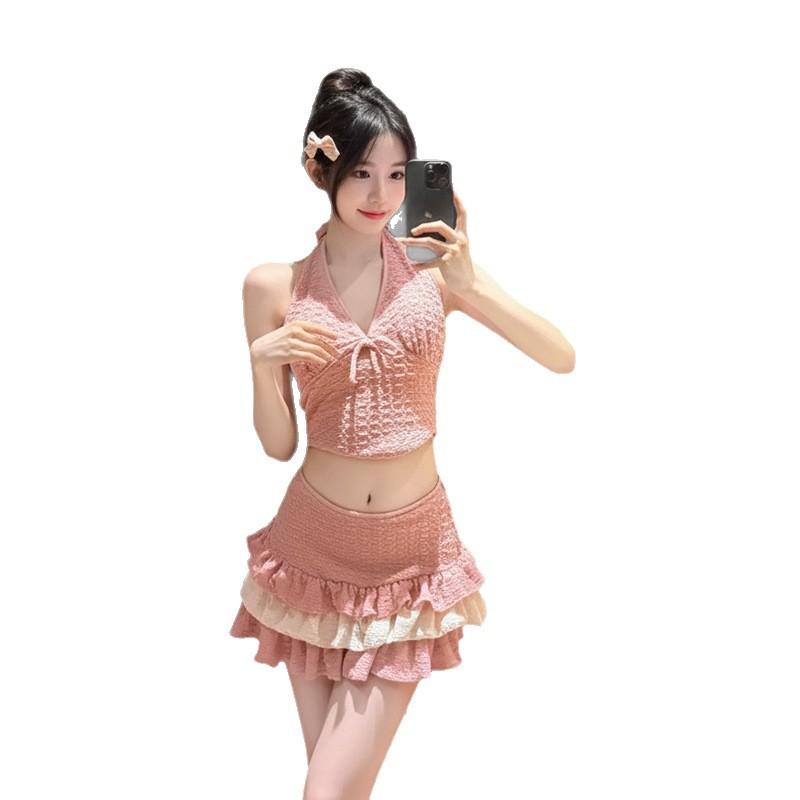 Korean Ins Style Pure Desire Fresh and Cute Sweet Neck Bikini Woman, Contrasting Color Ruffle Leaf Island Vacation Swimsuit