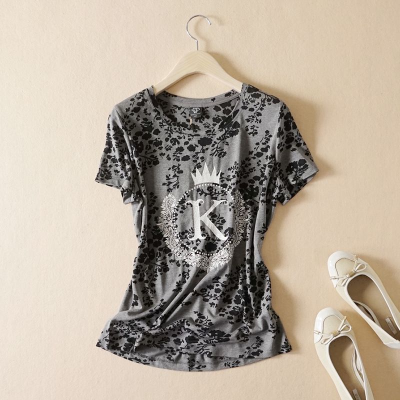 

New Western Style Printed Ultra-Thin Top T-shirt with Short Sleeves Grey 42 S