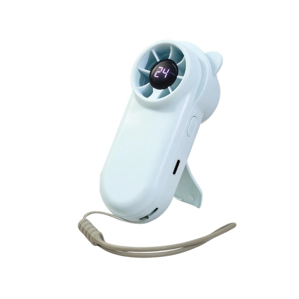 Portable Mini Rechargeable Handheld Fan with Stand and Strap Five Adjustable Speed Settings Compact Design for Outdoor Indoor Use