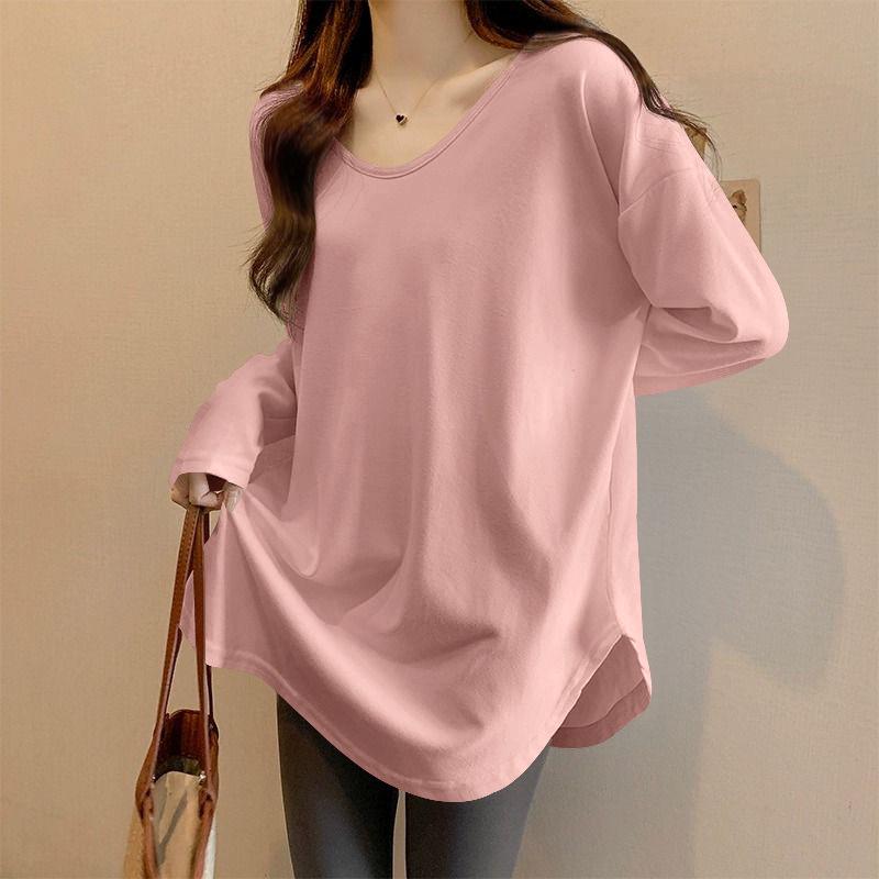Women's Korean Style Loose-Fit Long Sleeve Mid-Length Shirt - Curved Hem, Versatile for Autumn & Spring