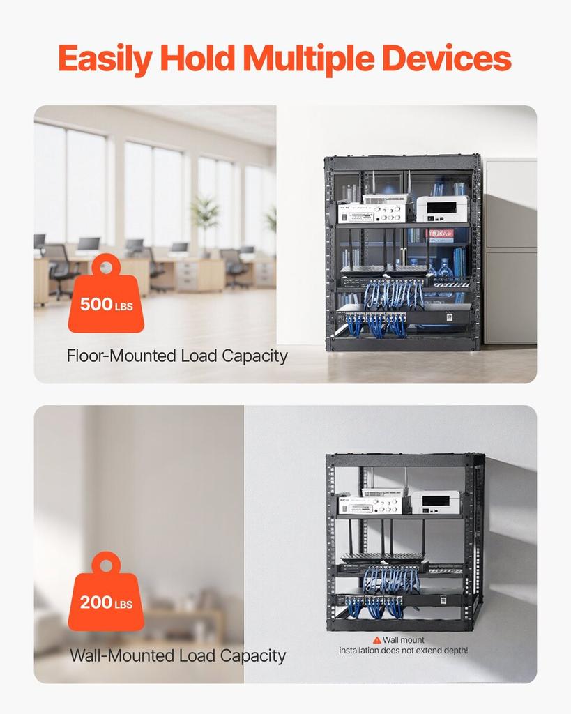12U Open Frame Network Rack, 585 mm Depth, Wall Mounted or Floor Standing Server Rack, Heavy Duty 4 Post, with Vented Shelves & Mounting Hardware,