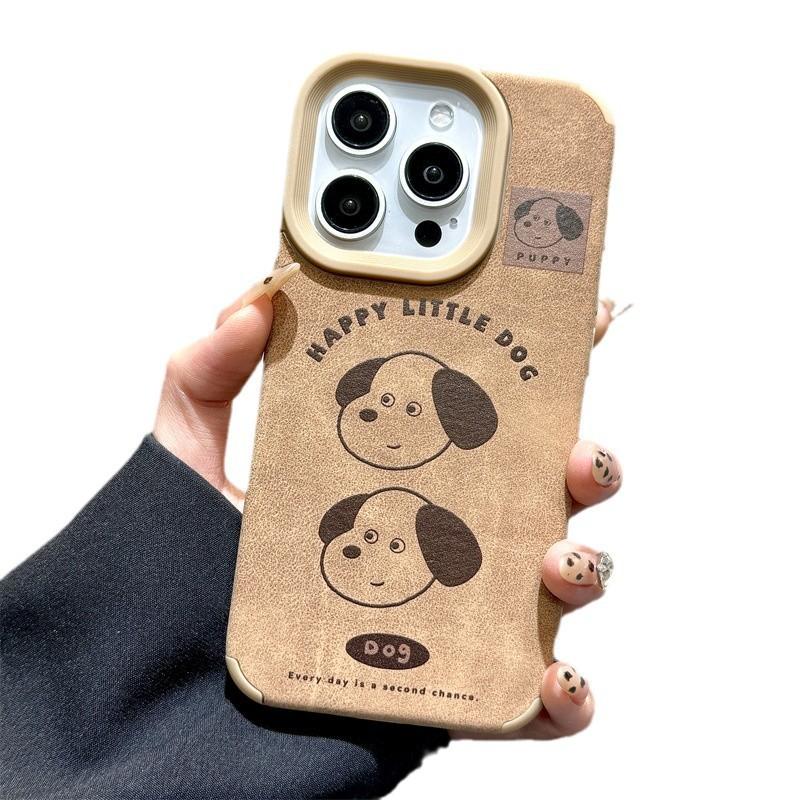 Cute Oil Painting Line Dog for IPhone16promax for Apple 14 Leather Brown 12 Mobile Phone Case 15 Anti-fall 13
