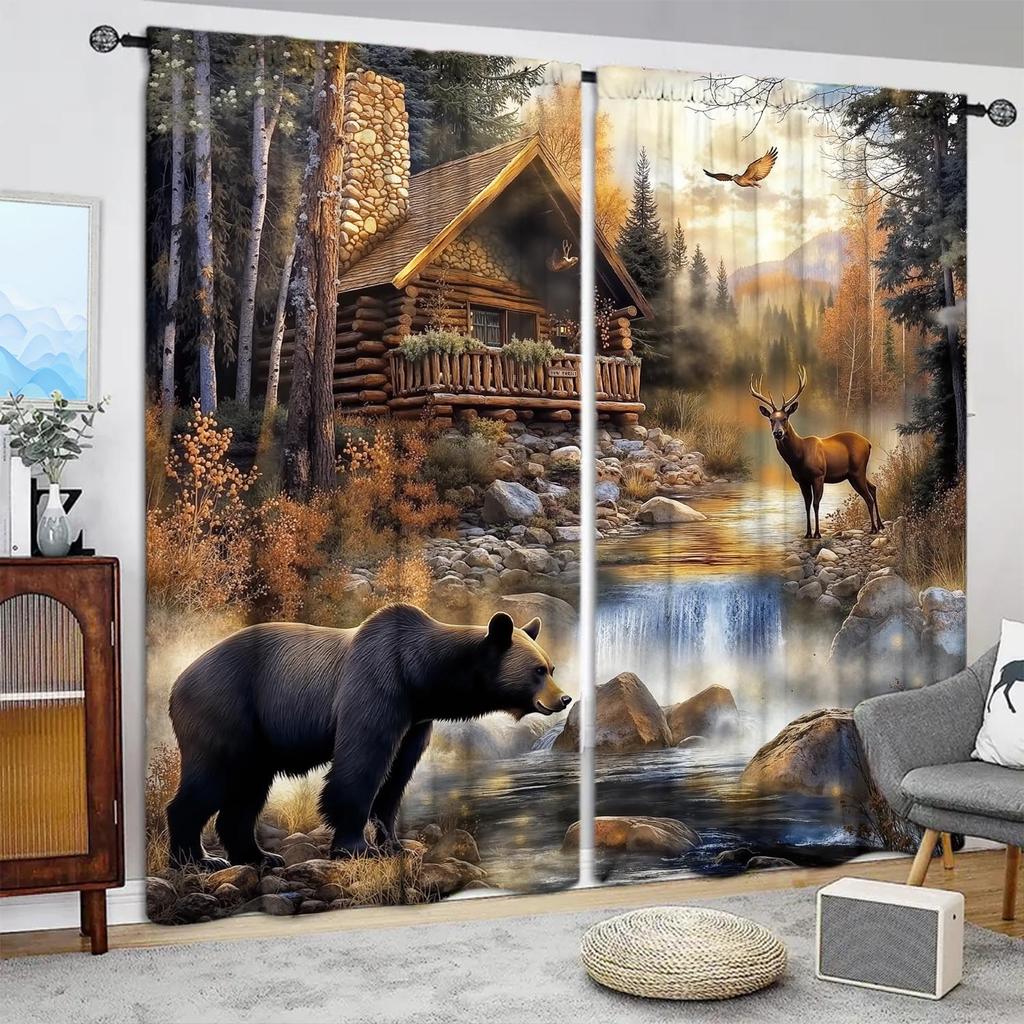 2-Panels Autumn Forest Cabin and Animals Decorative Curtains   Semi Transparent Without Lining   Durable Polyester Fiber Curtains