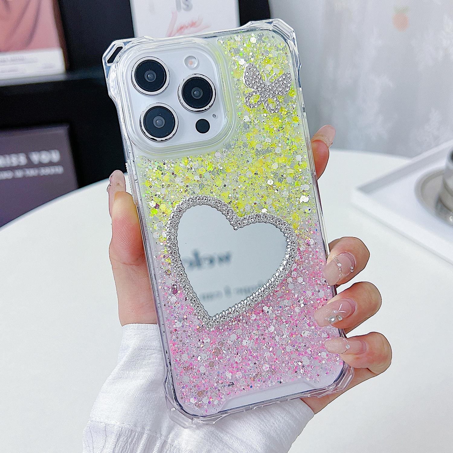 

For iPhone 16 Pro Max Case with Heart Mirror Epoxy Glitter TPU+Acrylic Phone Back Cover Pink/Yellow