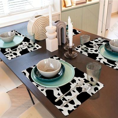4pcs Cow Print Placemats Washable Cow Print Black and White Animal Theme Placemat for Holiday Banquet Dining Table Kitchen Decor