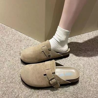 Zapatillas de punta cerrada para mujer, sandalias tipo zuecos de piel de ante, estilo retro, para jardín, primavera de 2024