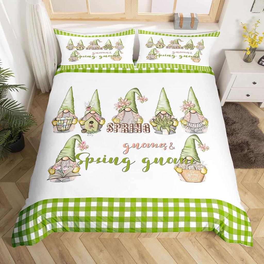 Bettbezug mit Cartoon-Gnom und Sonnenblume, King- und Queen-Size-Bettwäscheset mit schönen Zwergblumen, Bettbezug mit gelbem Blumenmuster und 2 Kissenbezügen