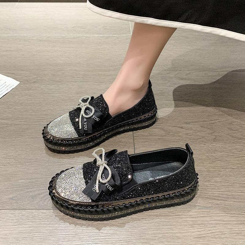 Flat-bottomed Muffin Single Shoes Women's Spring and Autumn New Fashion Thick-soled Rhinestone Bow One Pedal