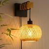 JOYINLED Farmhouse Bamboo Wall Sconce, Plug-in Hand-Woven Rattan & Wood Pendant Light Bedroom Living Room Hallway Ceiling Lamp