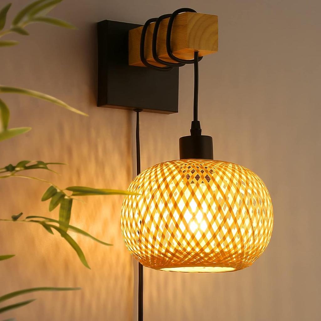 JOYINLED Farmhouse Bamboo Wall Sconce, Plug-in Hand-Woven Rattan & Wood Pendant Light Bedroom Living Room Hallway Ceiling Lamp