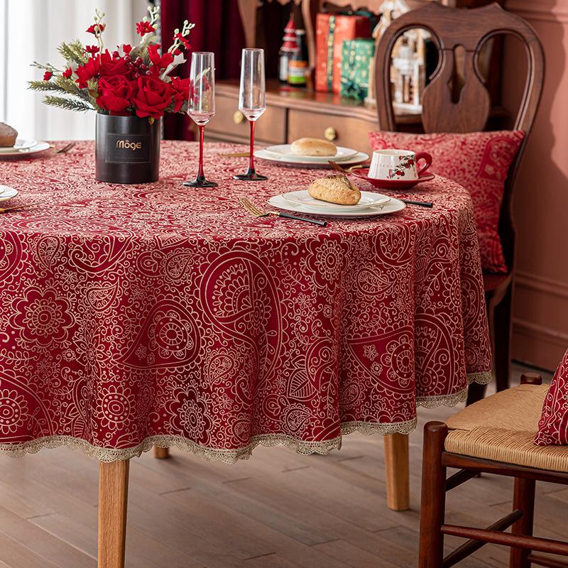 Red Festive Jacquard Tablecloth Wedding Gold Lace Round Dining Table Coffee Table Tablecloth Tablecloth Cover Towel