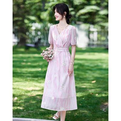 Women's 2025 Summer Embroidered V-Neck A-Line Midi Dress