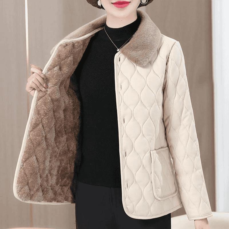 Mid-Aged & Elderly Women's Thick Velvet PU Leather Winter Coat - Warm, Stylish Cotton-Padded Jacket