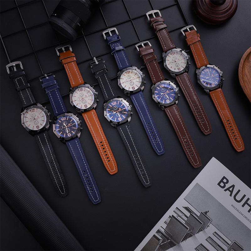 Men's Korean Style Casual Leather Strap Quartz Watch with Big Dial and Unique Design