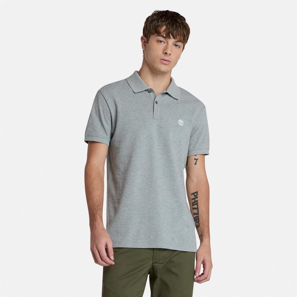 [Timberland] Short-Sleeve Logo Polo Shirt for Men TB0A2EPMV911 Medium Grey Heather-White L