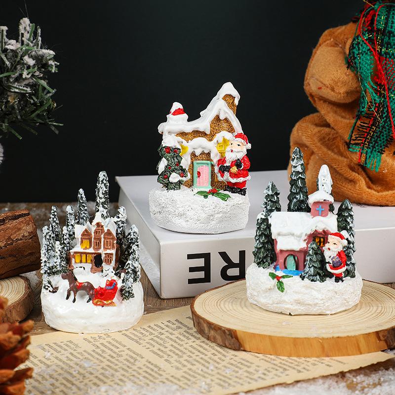 Christmas Cartoon Glowing Small House, Santa Claus, Snowman Miniature Landscape Resin Figurine, Christmas Decoration Item