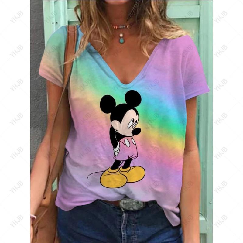 

Летняя новая женская футболка Disney Minnie Mickey Mouse Print V-образный вырез с коротким рукавом блузка модные футболки больших размеров для женщин топ XL