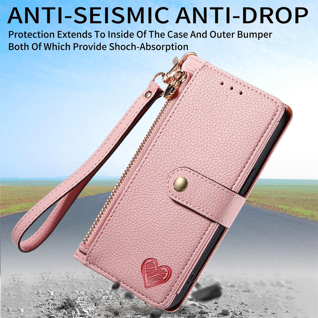 For iPhone 17 Pro Case RFID Blocking Zipper Pocket Leather Wallet Phone Cover with Strap