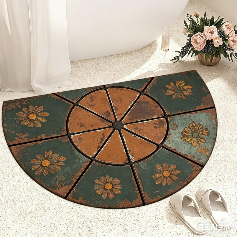 Marokkaanse Mozaïek Halve Cirkel Deurmat Geometrisch Boho Welkom Kleed Petrol Blauw Goud Antislip Entree Vloermat voor Huis Portiek Decoratie 50x80cm-Felt
