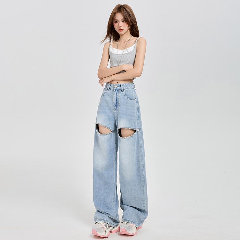

Autumn Hot Girl Loose Fit Ripped Straight-Leg Wide Jeans for Women Medium