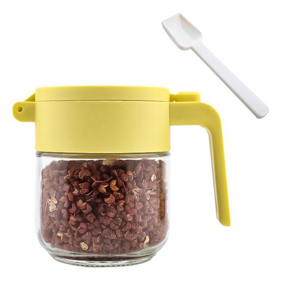 Glass Spice Jar with Airtight Lids Measuring Spoons 250ml Seasoning Bottle for Salt Sugar Seasonings Press-Type One-Hand Open Moisture-Proof Condiment