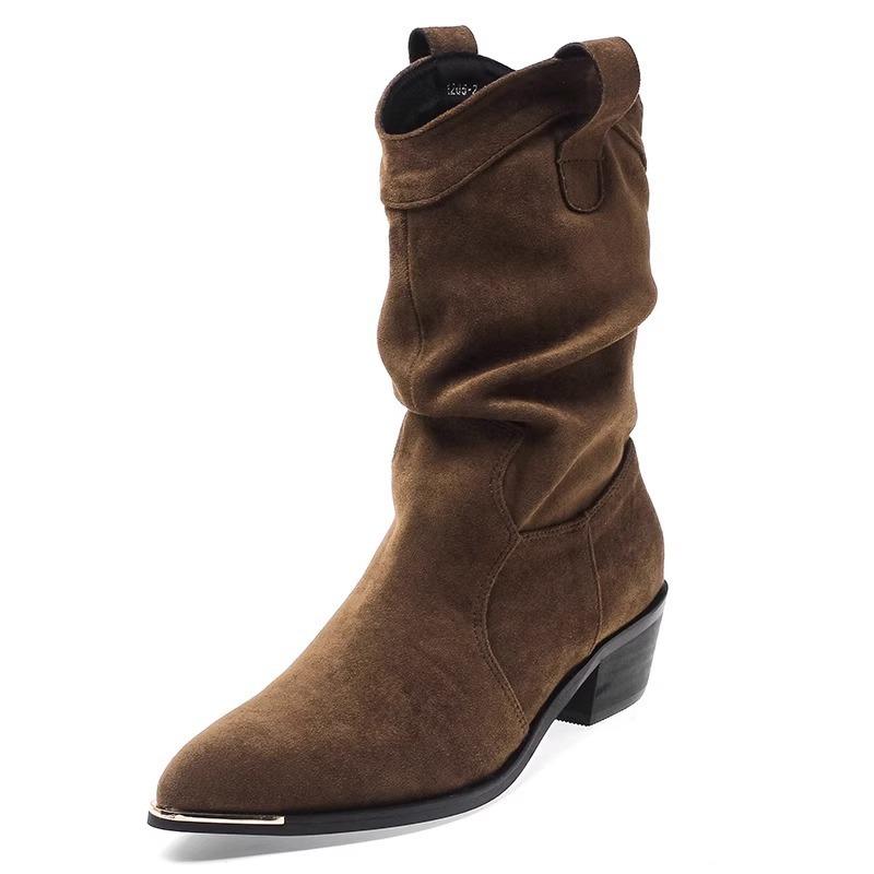 Cowboy Boots Women's Autumn Pile Pleated Boots Pointed Retro Thick Heel Medium Boots Short Boots