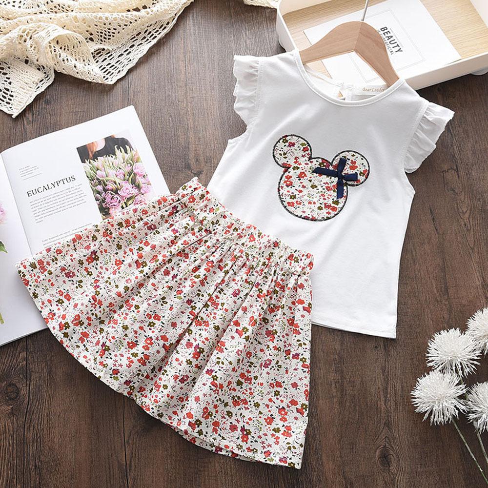 

Girls 2026 Summer New Cross-border Suit Cartoon Thin Flying Sleeve Top Floral Skirt Children s Two-piece Set 100 белый