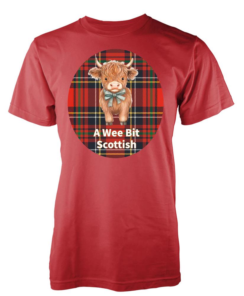 

Highland Cow Tartan A Wee Bit Scottish Novelty Gift Unique Tshirt Adult and Kids S