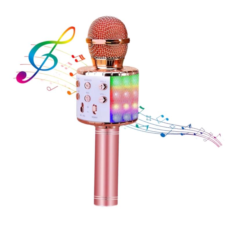 

Світлодіодний мікрофон для караоке, бездротовий мікрофон з 5 режимами світла та 4 режимами зміни голосу, Bluetooth-колонка, сумісна зі смартфоном рожевий колір золота