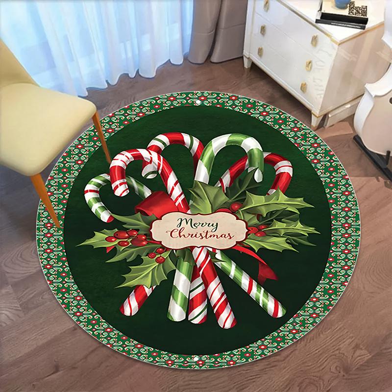 Christmas Candy Green Leaves Round Rug, Plush Flannel Thick Mat for Home Office Decor, Machine Washable Polyester Carpet