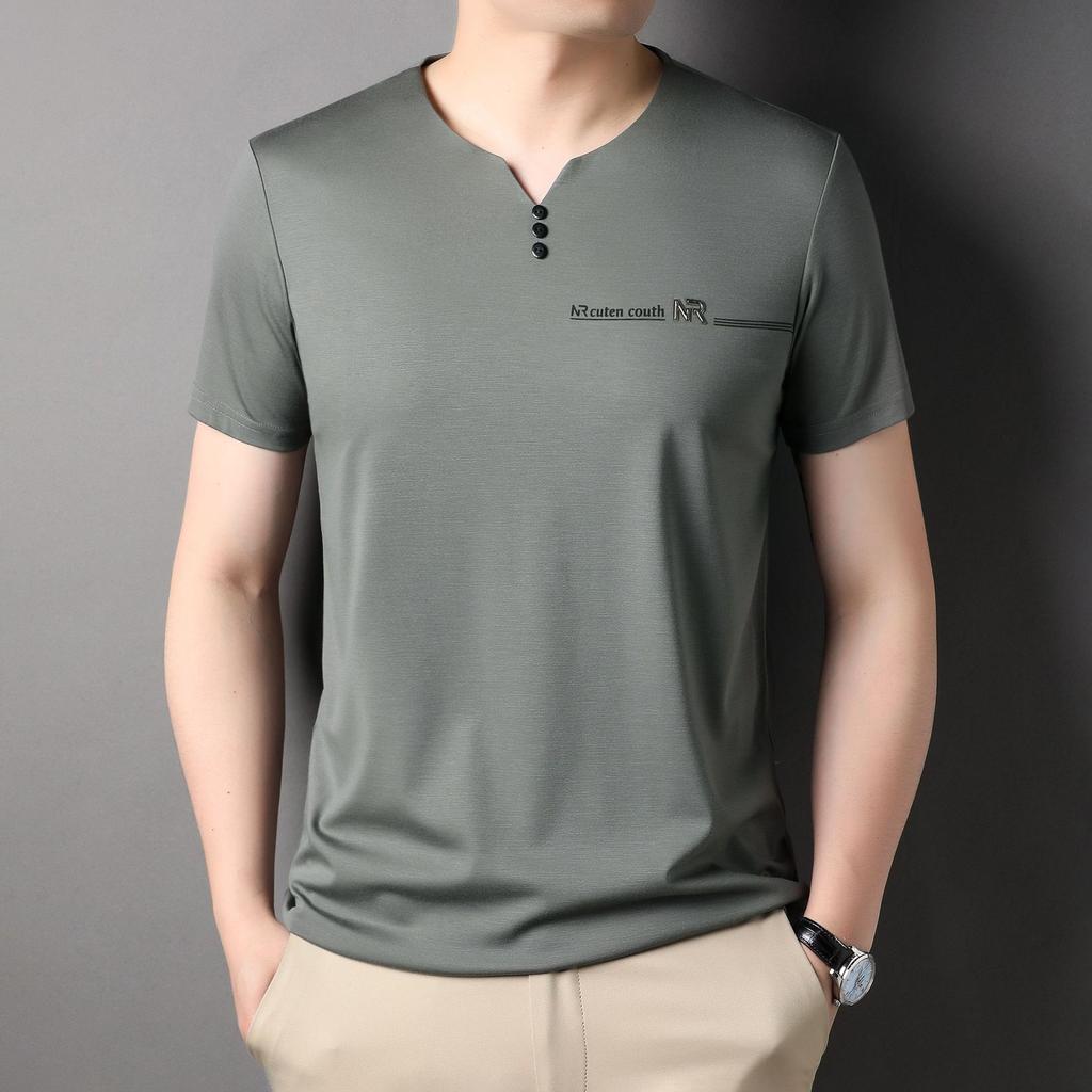 Short Sleeved T-shirt Men's V-neck Summer Solid Color Half Sleeved Trendy T-shirt Ice Silk Summer Top