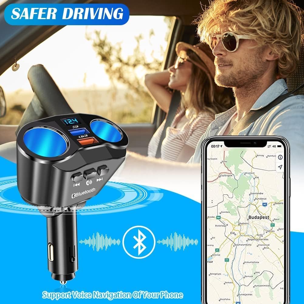 Bluetooth FM Transmitter Car Adapter, 2-Socket USB Charger, Hands-Free, Voice Control with Siri & Google