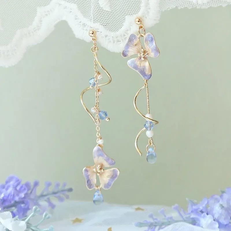 New Korean Flower Asymmetrical Crystal Dangle Earrings for Women Long Tassel Butterfly Opal Drop Earring Party Jewelry Accessory