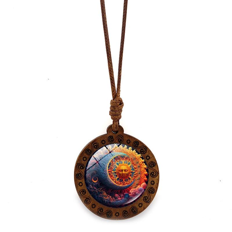 Sun Moon Goddess Time Round Wooden Vintage Brown Wax Rope Jewelry Pendant Necklace