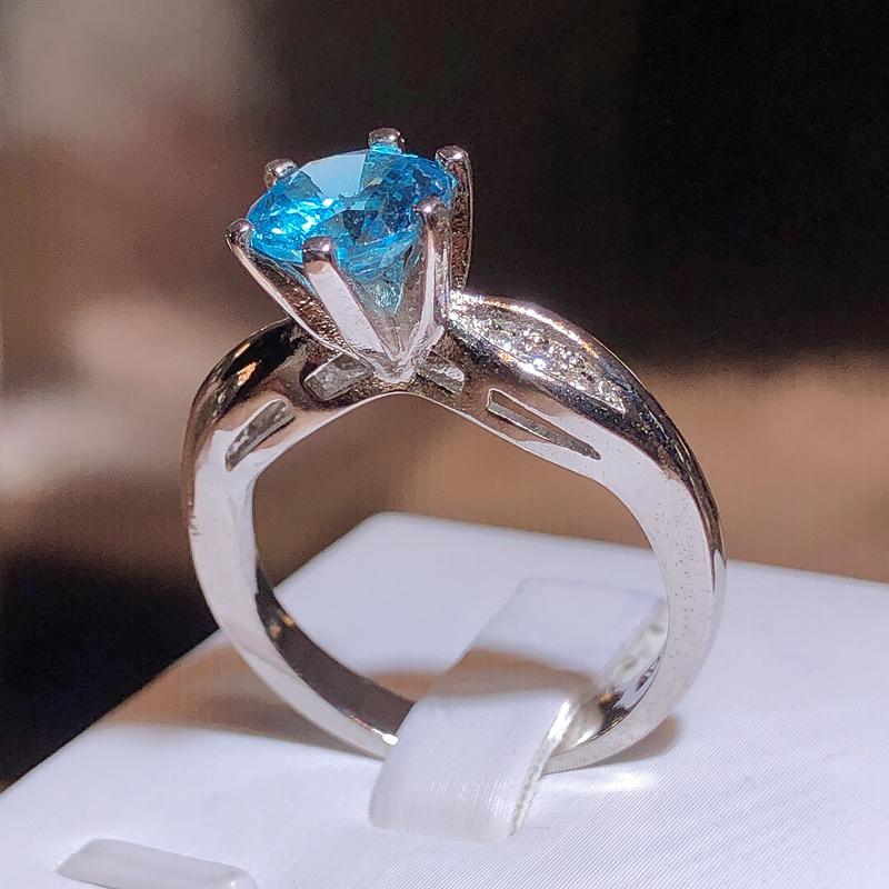 New Inlaid Topaz Sky Blue Round Zirconia Ring Female Fashion Jewelry Party Birthday Gift