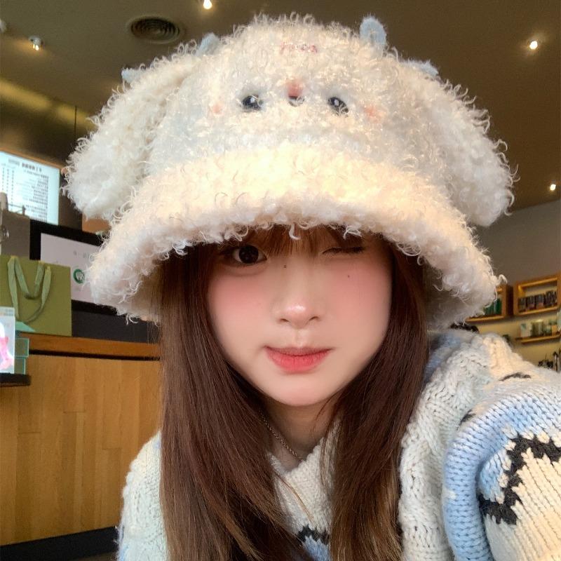 Sweet and Cute Rabbit Ear Plush Bucket Hat Women's Autumn and Winter Cold and Warm Versatile Face Small Ear Protector Basin Hat